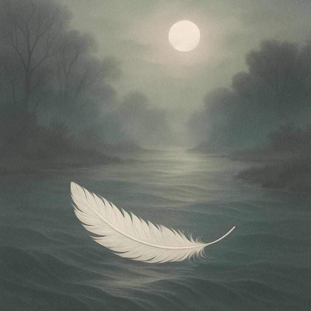 A white feather hovering above a misty, moonlit body of water, set against a backdrop of trees in shades of gray and white.