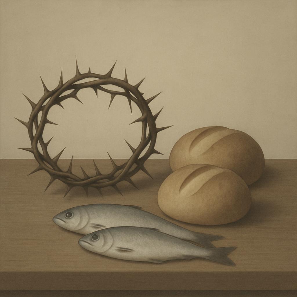 A simple loaf of bread and two fish on a table.