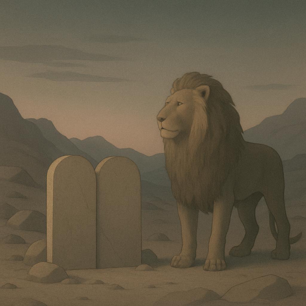The image depicts a lion standing next to the Ten Commandments in the desert.