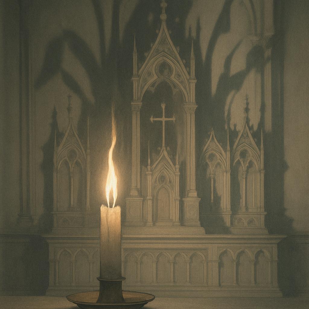 A candle burns in front of a tall gothic style, ornate, orthodox church altar. The candle is within a shallow dish, and th...