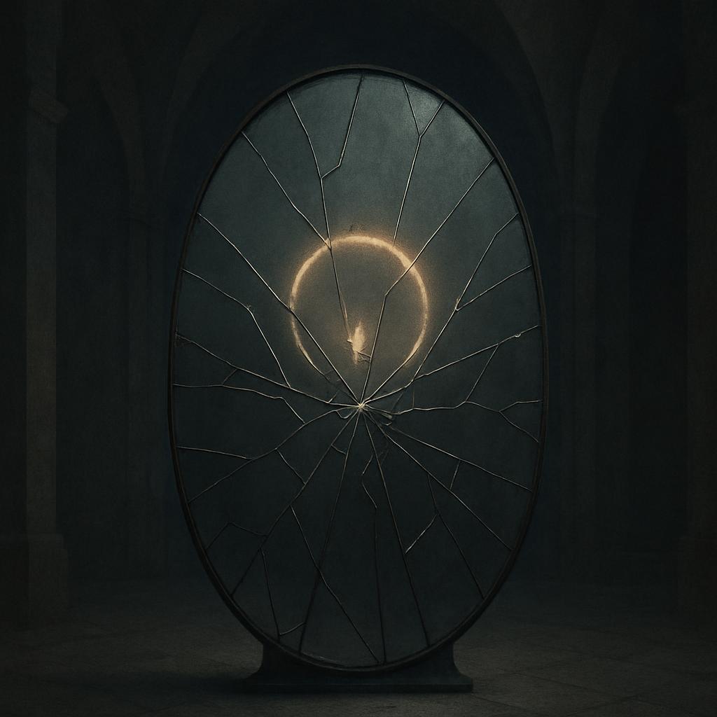 Fragmented circular inner lighting glass piece embedded with gold tones glowing brightly against a dark background.
