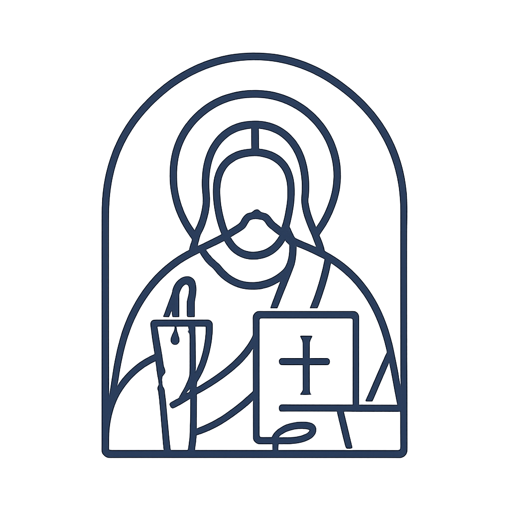 An icon of Jesus with a halo, beard, and the cross.